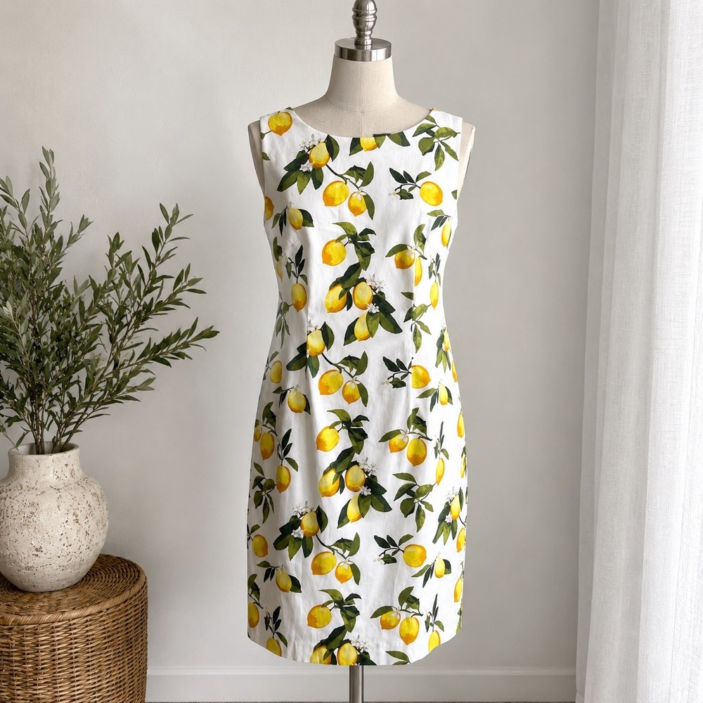 Chetta B Lemon Print Sheath Dress Womens 12 Ivory Yellow Summer Fruit B1876734